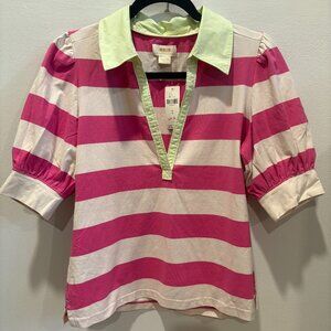 Maeve by Anthropologie Striped Puff Short Sleeve V Neck | Size Medium